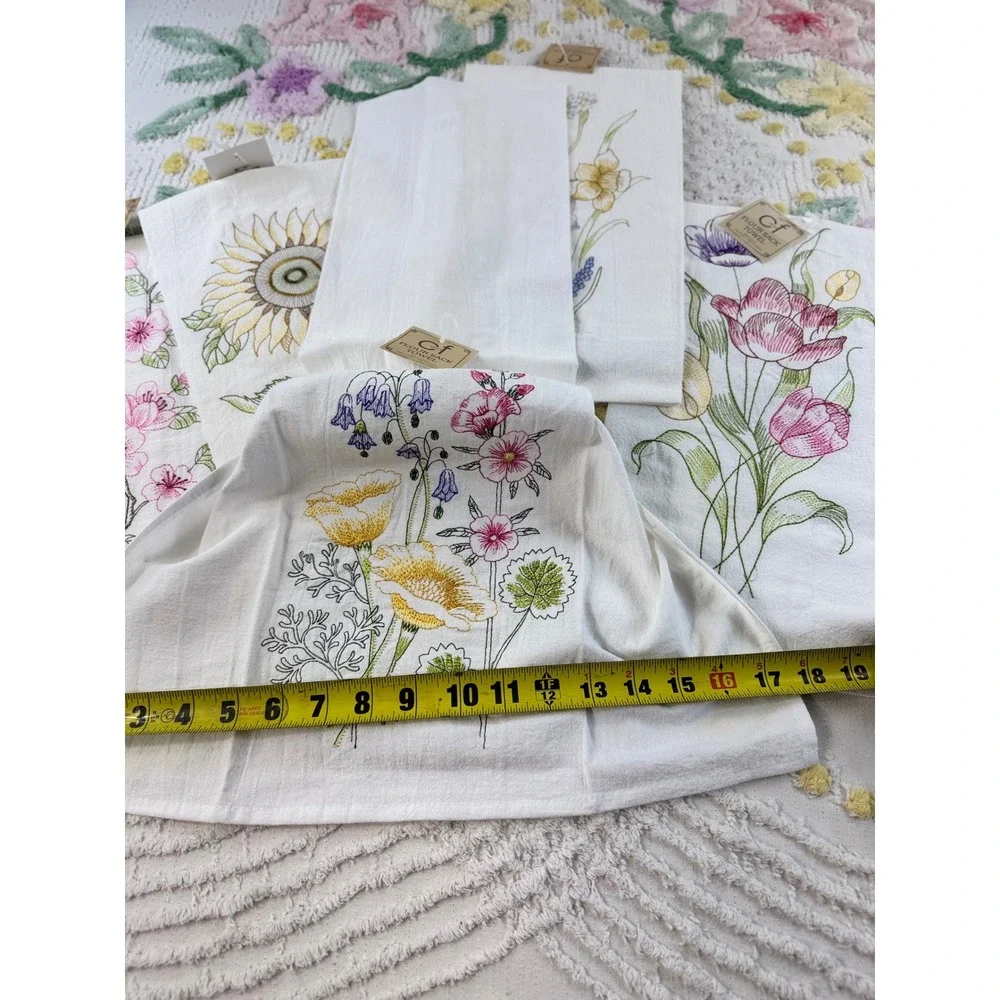 C&F Home Floral Embroidered Flour Sack Kitchen Towels Set of 5 Cotton White New